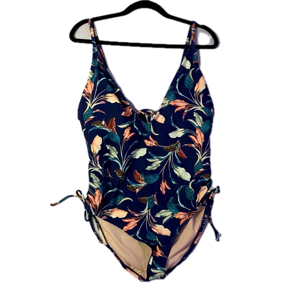 Mynah One Piece Swimsuit Women XL‎ Navy Blue NWT Lush Leaves Tropical V-Neck